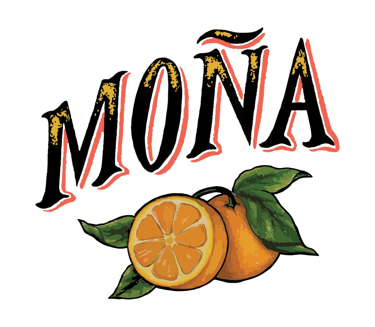 A hand-drawn MOÑA lockup in distressed gold over two oranges, one halved: the brand's secondary mark, used here and nowhere else on the site.