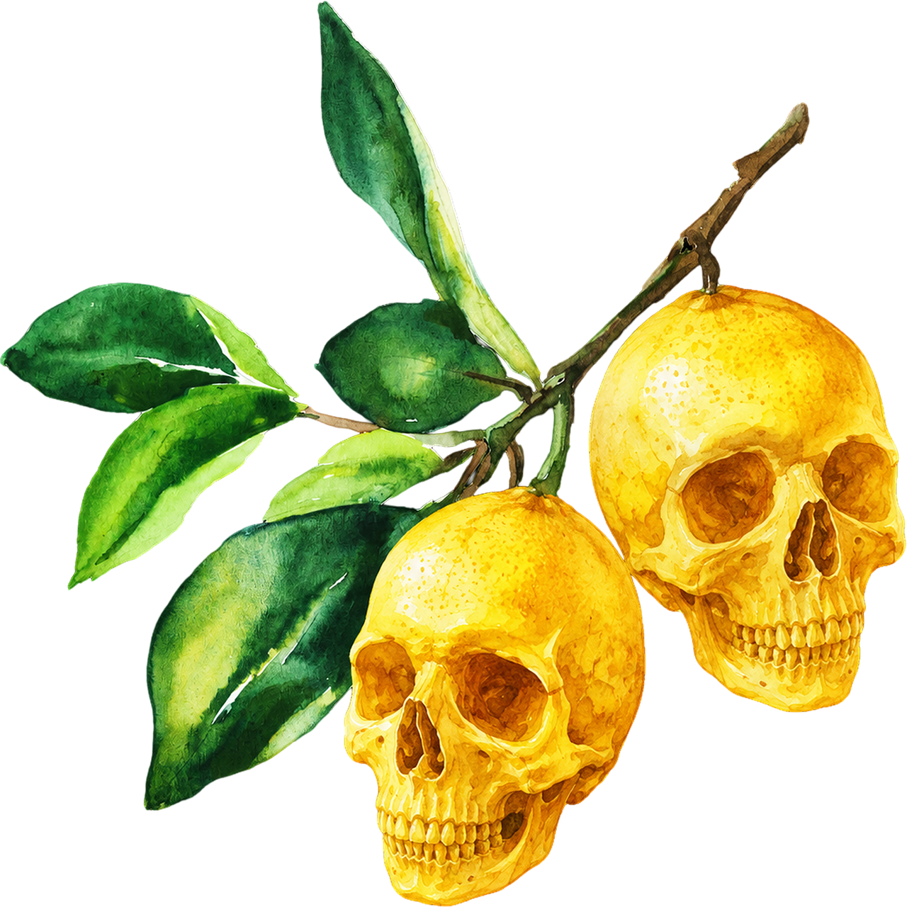 Watercolor branch bearing two yellow lemons rendered as skulls, with green leaves, on a transparent ground