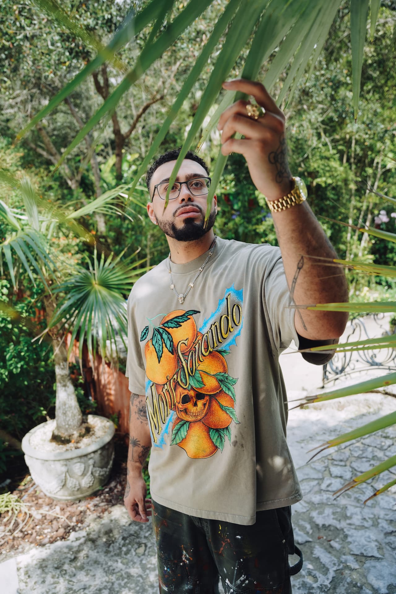 Man in the brown tee reaching up into a palm frond, the gold Morir Soñando lettering square to camera